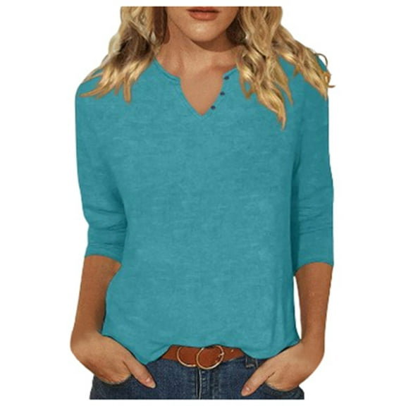 Women Summer Tops Women's Solid Color Fashionable Casual Button Fashion New Quarter Sleeve Women's Short Top T Shirt Ladies Undershirts Long Sleeve Long under Scrub Tops Women Outfits Top Mint Green M