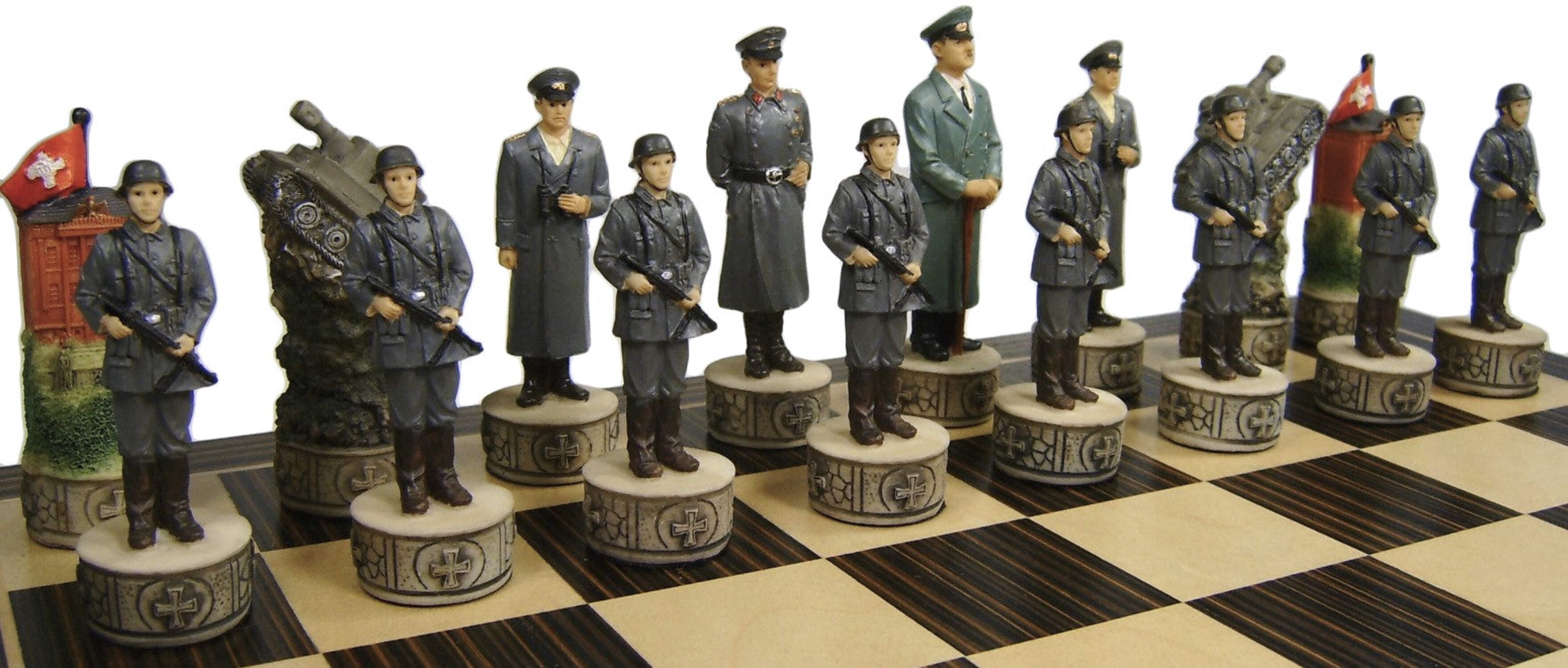 World War 2 US vs GERMANY Chess Set W/ Ebony Black  Maple 14" Wood Board