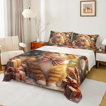 Manfei Kawaii Christmas Cat Queen Sheet Sets for Kids, Cute Cartoon Kitten Flat Sheet, Magic Xmas Gift Queen Fitted Sheet, Luxury Bedroom Decor, 4 Pieces