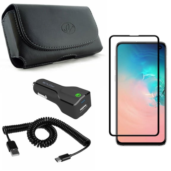 Galaxy S10e Case Belt Clip w Car Charger w Screen Protector - Leather Holster Cover, 24W Fast 2-Port USB Coiled Cable, Tempered Glass 5D Curved Edge for Samsung Galaxy S10e Phone