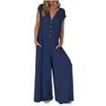 thumbnail image 2 of Riforla Women's 2024 Summer Cap Sleeve Jumpsuits Deep V Neck Button Wide Leg Pants Rompers Summer Jumpsuits Navy M, 2 of 9