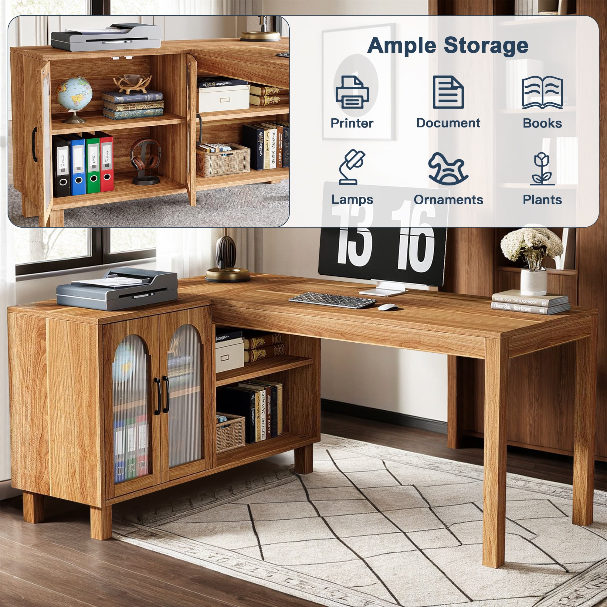 Demi Bonn Modern L Shaped Gaming Computer Desk, 59" Corner Executive Desk with Storage Cabinet for Home Office, Brown