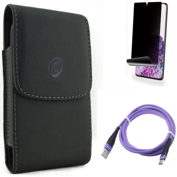 6ft USB Cable w Privacy Screen Protector w Case Belt Clip for Samsung Galaxy S20 Plus - Purple Type-C Charger Cord, TPU Film [NOT GLASS] [Fingerprint Works], Leather Holster fits Galaxy S20 Plus