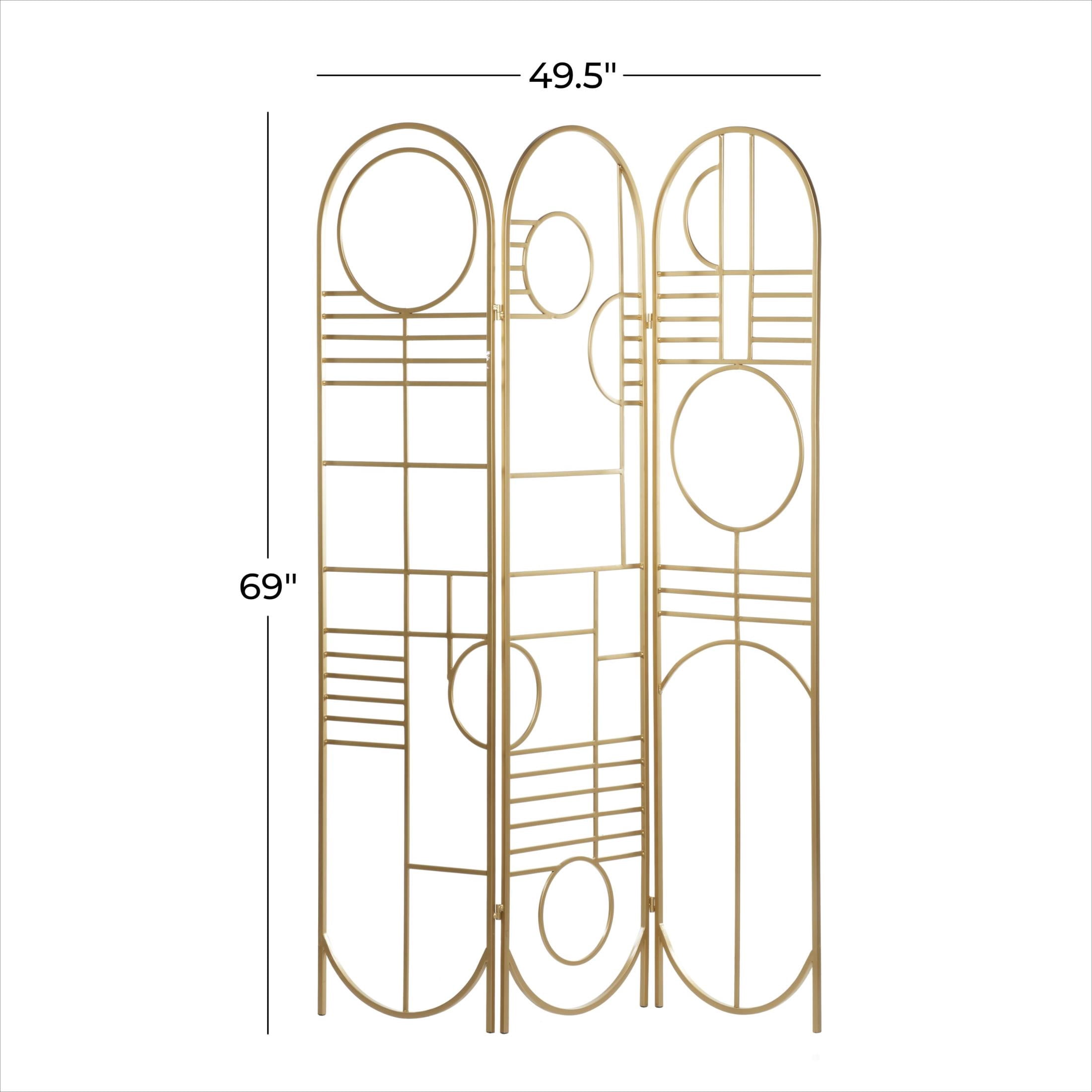 DecMode Modern 3 Panel Metal Room Divider Screen with Geometric Pattern and Gold Finish, 50"W x 69"H