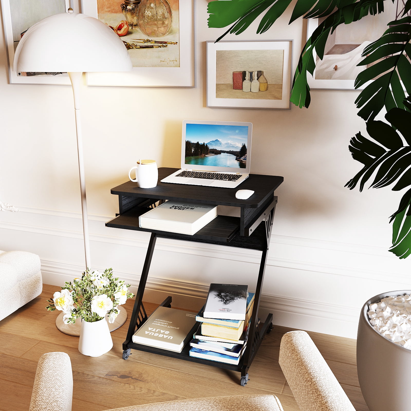 MIN EN WIN 2 Tiers Rolling Computer Desk with Keyboard Tray and Printer Shelf for Home Office, Mobile Computer Desk for Small Space, Retro Computer Table Compact PC Laptop Workstation, Rustic Black