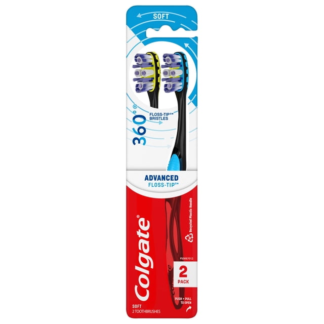 Cepillo de dientes Colgate 360 Advanced Floss Tip suave, paquete de 2