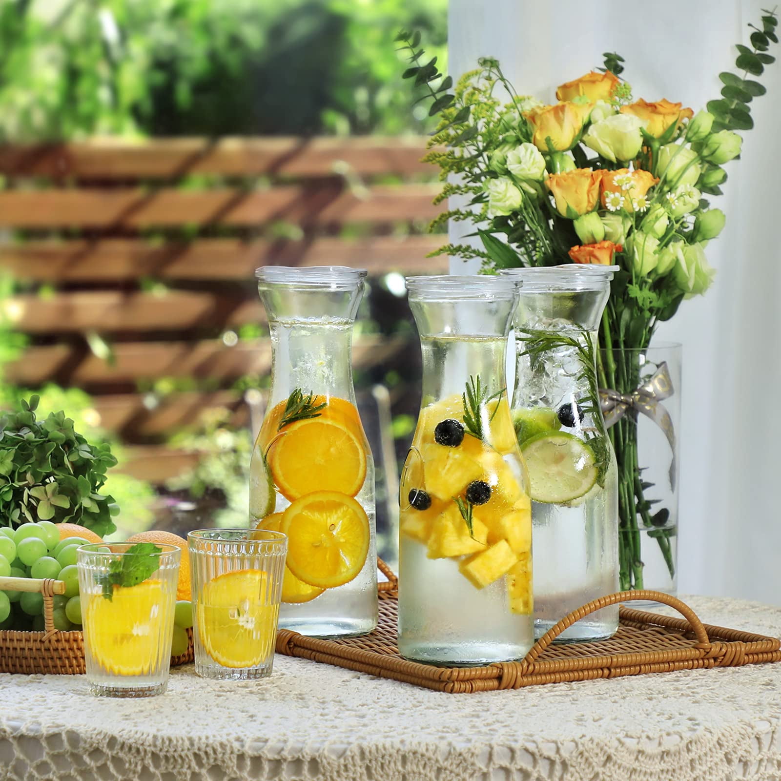 Set of 4 Glass Carafe with Lids, 1 Liter Glass Pitcher with Lid for Water, Juice, Iced Tea, Lemonade and Mimosa Bar, Clear Glass Water Bottles and Beverage Pitcher for Fridge