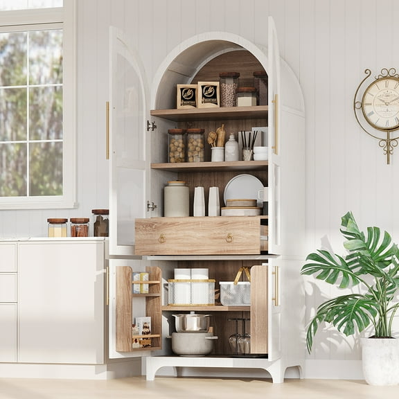 MIDOQIN  71" Tall Arched Kitchen Pantry Cabinet, Farmhouse Storage Cabinets with Adjustable Shelves, Hidden Drawer & Glass Door, Versatile Cupboard