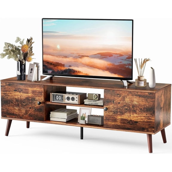 TV Stand for 55 60 inch TV, Modern Mid Century Entertainment Center with Storage, Media Console Table 2 Cabinet, for Living Room, Office, Rust Brown
