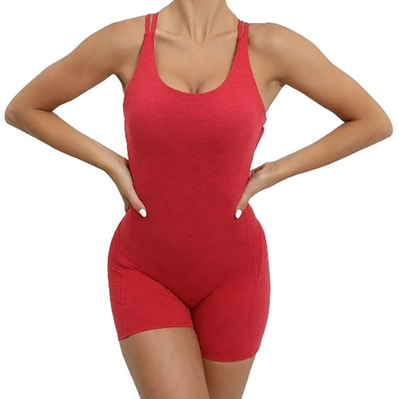 Spandex Bodysuit Romper for Women Shorts Workout Yoga Fitness Outfit Criss Cross Backless Sleeveless Jumpsuits (S, Red 02)