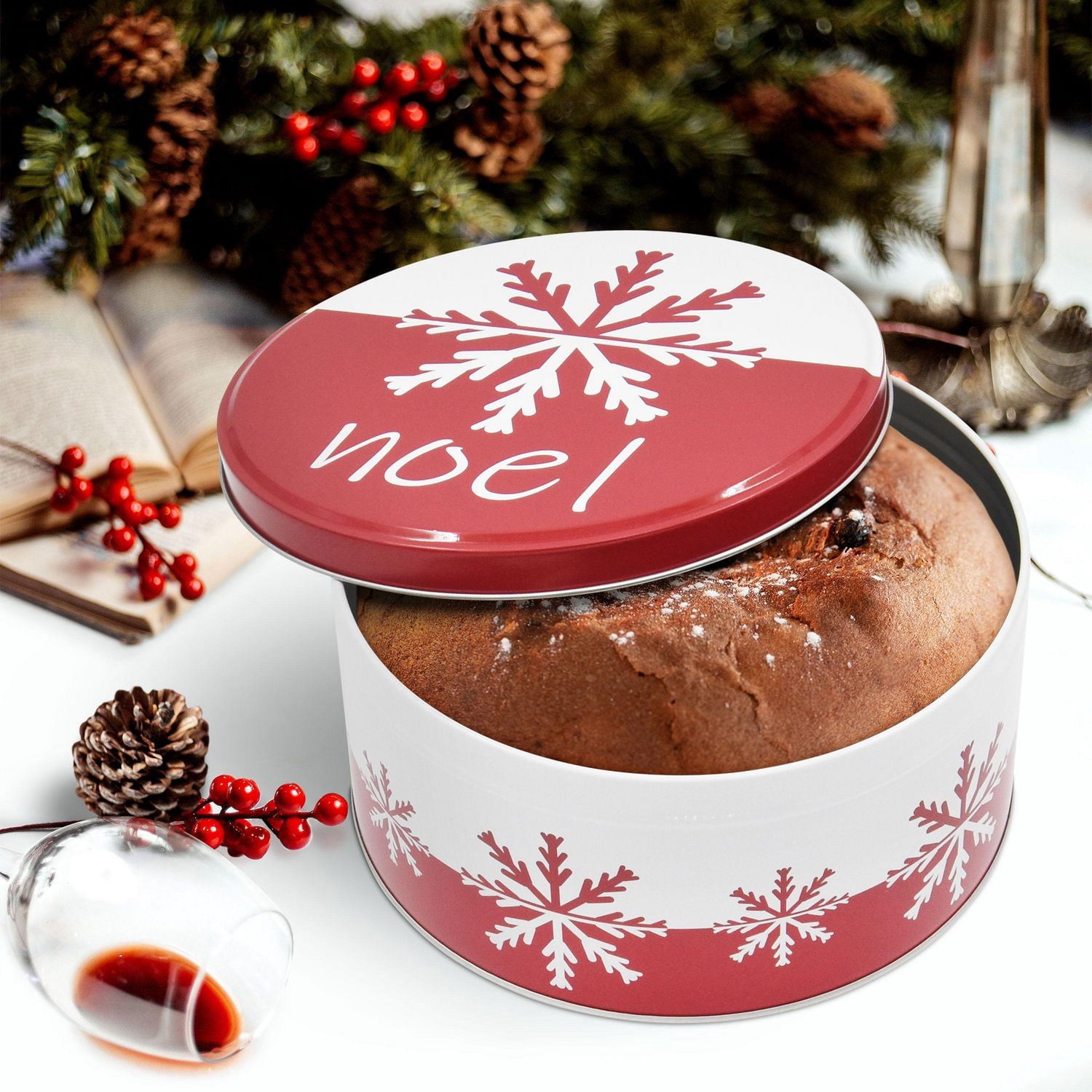 Holiday Time Christmas Red Snowflake Round Tin Gift Storage Container Large, 7.9 x 7.9 x 3.9 inches, 1 piece