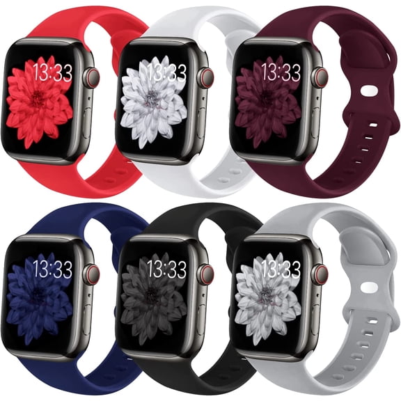 (6 Pack) Soft Silicone Replacement iwatch Strap Bands Compatible for Apple Watch Ultra SE Series 8 7 6 5 4 3 2 1- Red/White/Wine Red/Midnight Blue/Black/Gray)