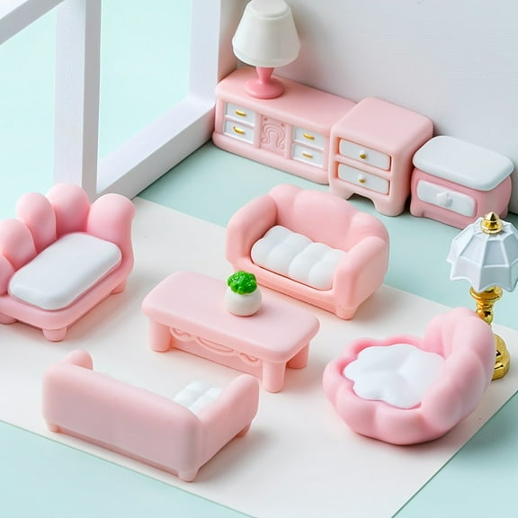 11pcs Mini Pink Furniture, Dollhouse Decoration Accessories, Miniature Living Room Decor Items