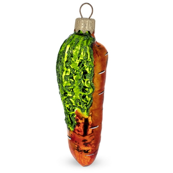 Orange Carrot with Glitter Leaves Glass Christmas Ornament