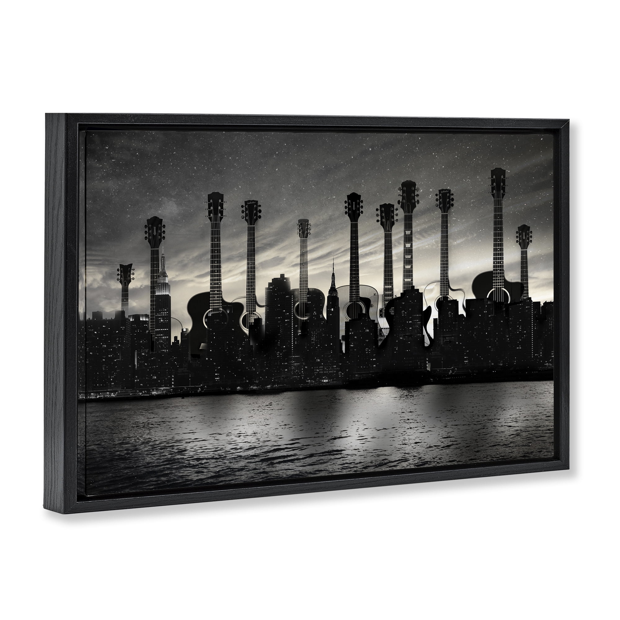 Stupell Industries Guitar Skyline Cityscape Black Framed Floater Canvas Wall Art, design by CAD Designs