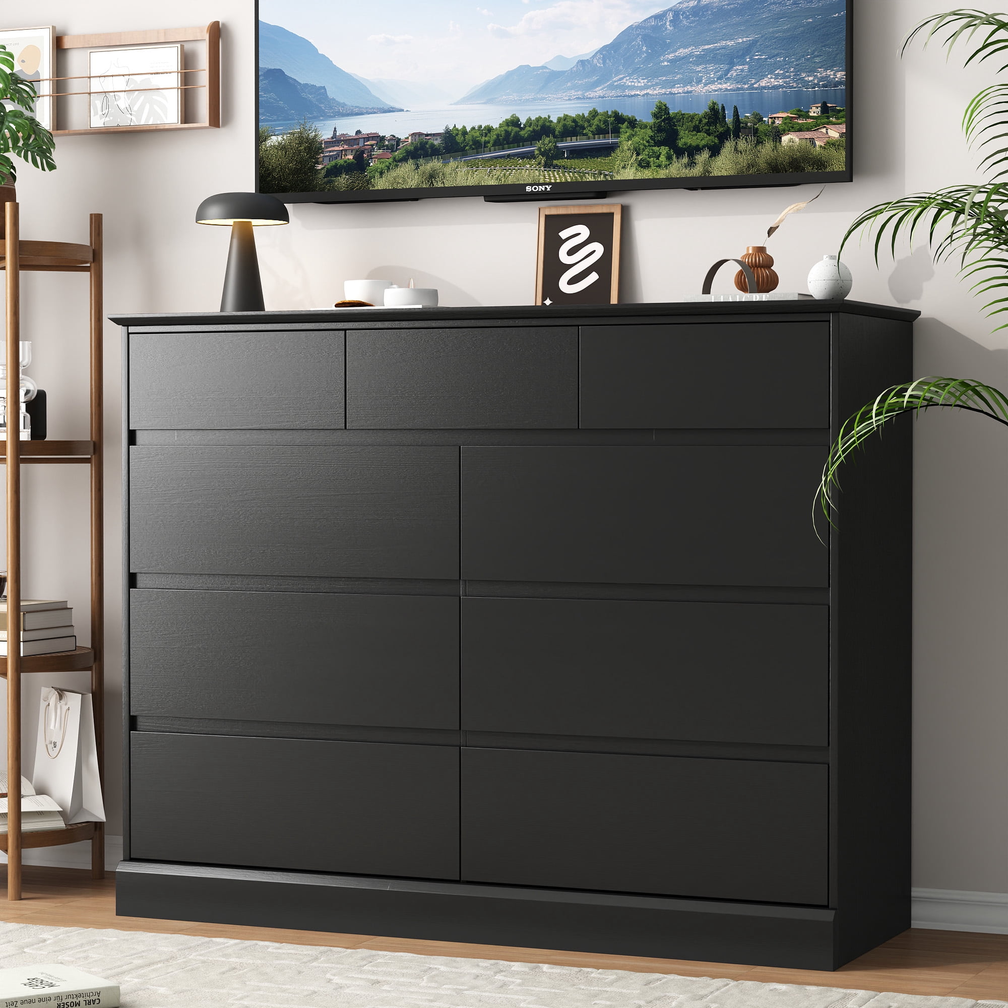 9 Drawer Dresser, Black Chest of Deep Drawers, Modern Dressers with Storage, Large Drawer Organizer for Bedroom, Living Room, Handless Design, Black