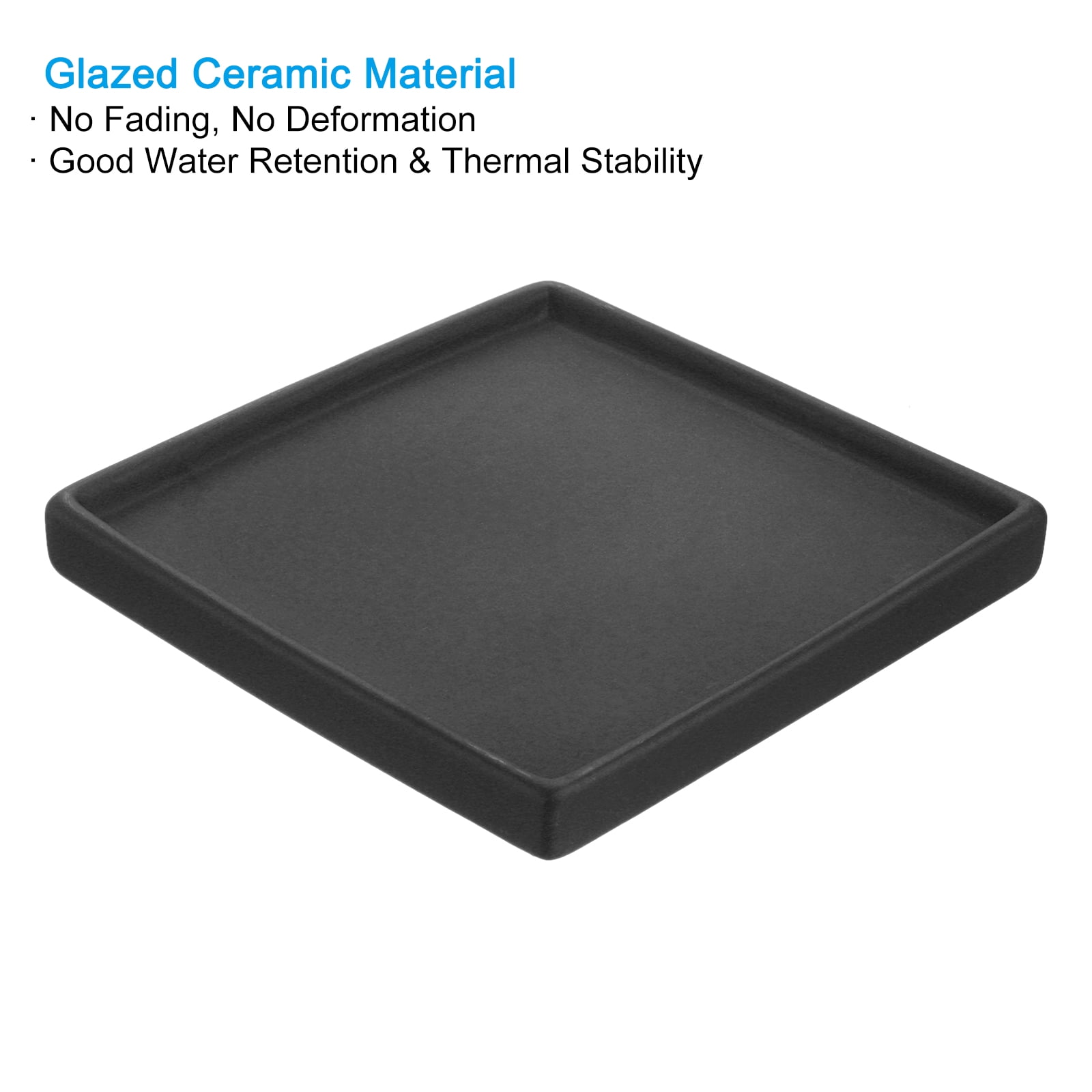 Plant Pot Saucers 6.3 Inch, Ceramic Square Flower Tray for Indoor, Black 2 Pack