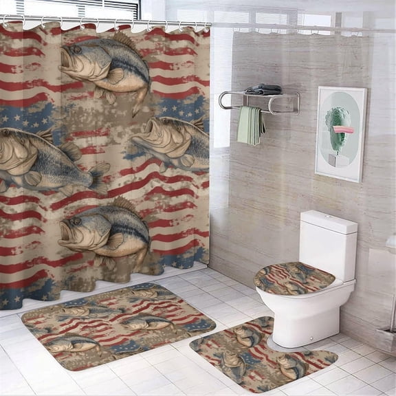 Bass Fish 4 Pieces Shower Curtain Set,Non-Slip Rugs Toilet Lid Cover Bath Mat Bathroom Curtain with 12 Hooks