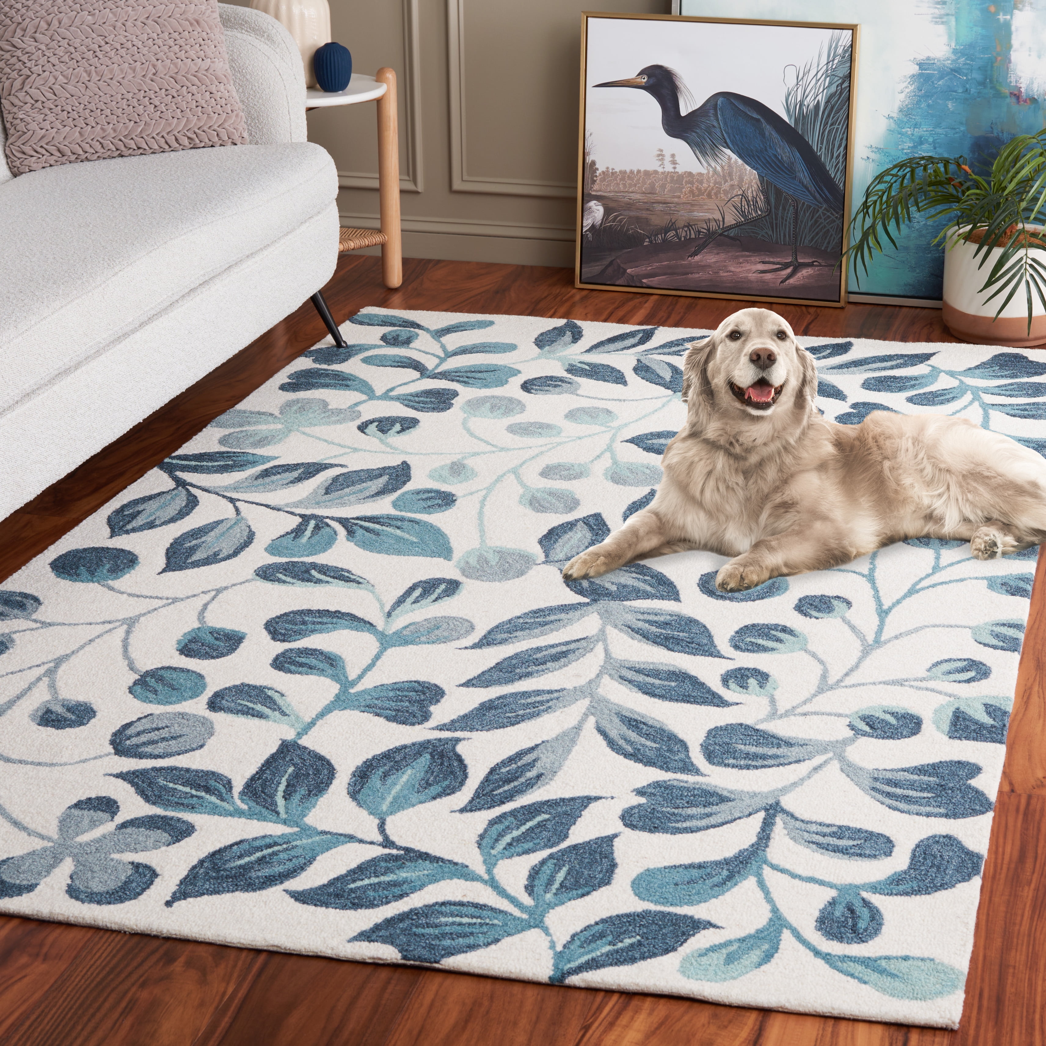 SAFAVIEH Jardin Quinton Leaves Area Rug, Ivory/Blue, 4' x 6'