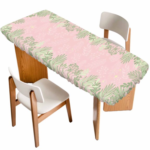 Pink Leaves Table Cloths for 8 Foot Rectangle Tables, Green Summer Botanical Pastoral Patio Waterproof Elastic Fitted Tablecloths, Washable Rectangular Table Cover for Camping