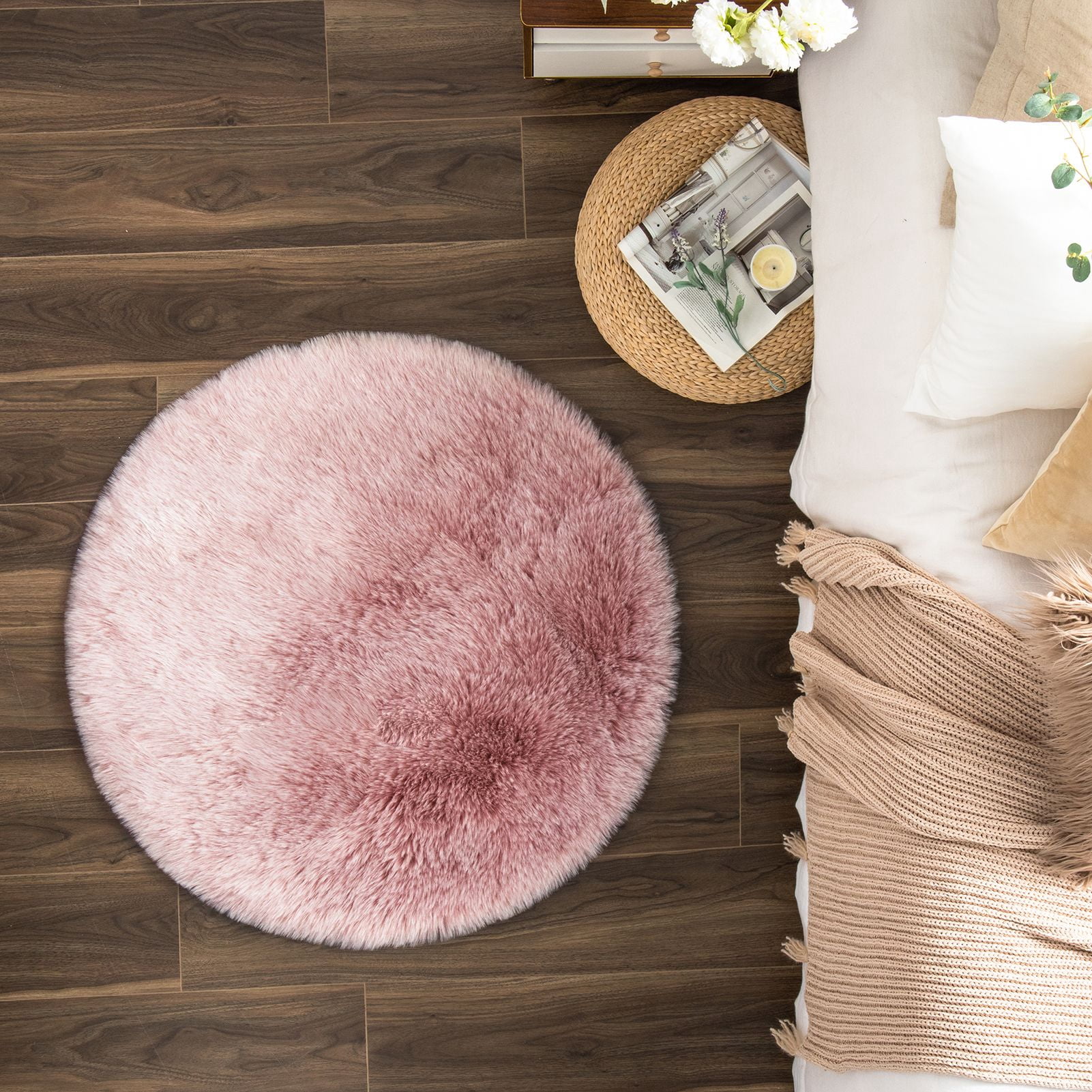 Phantoscope Ultra Soft Faux Fox Fur Pink, Indoor Area Rug, 3 x 3 ft, Round