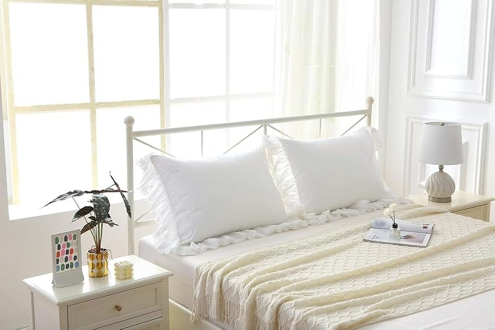 White Pillow Shams with Lace Ruffles Vintage Shabby Chic Pillowcases Pillow Covers Cotton King Size 20"X36" Luxury Elegant 2-Pack