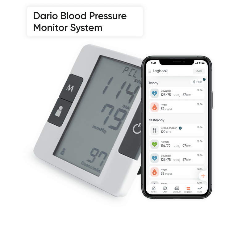 Dario Blood Pressure Monitor Upper Arm for Easy Reading: Blood Pressure Cuff,  Carrying Bag, Batteries. Bluetooth to Dario App for Data Tracking and  Sharing - Large Cuff 9.4-17 Inch /24-43cm 