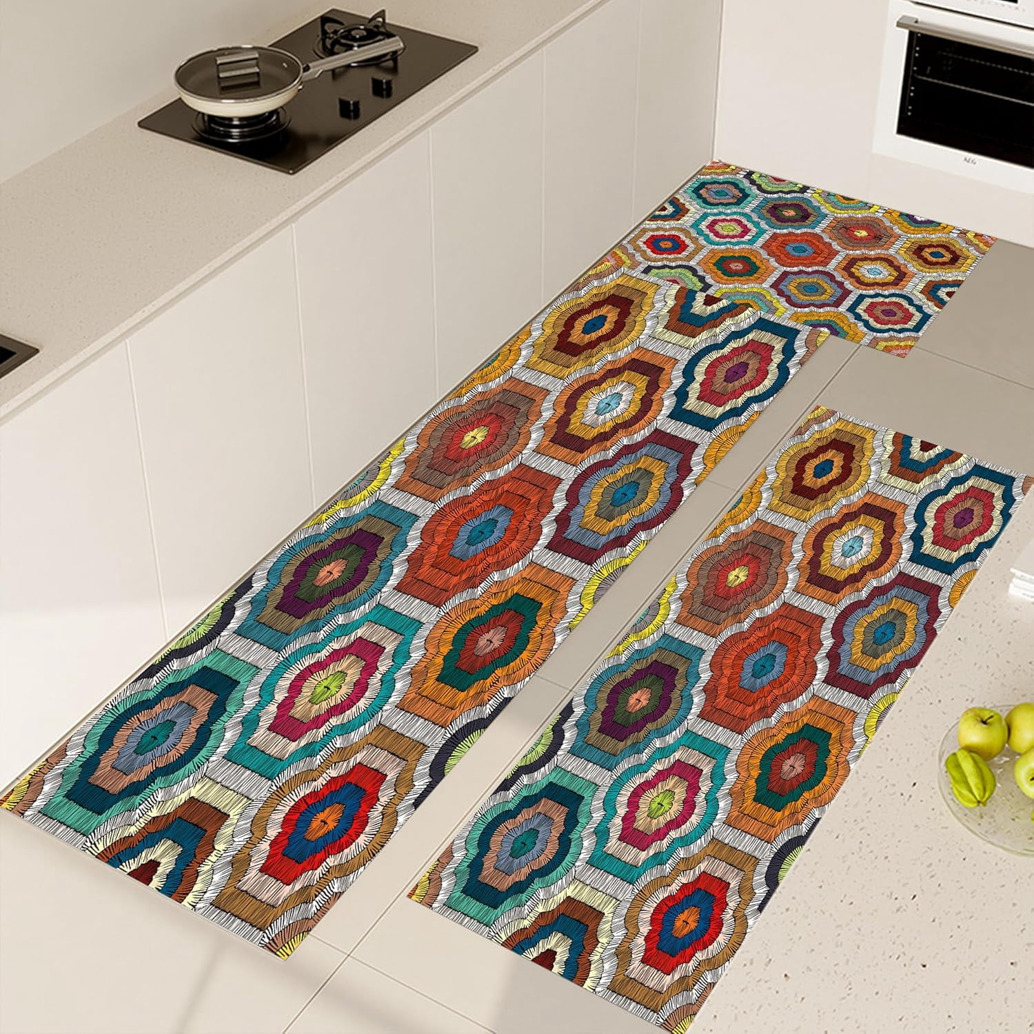 Boho Kitchen Rug Sets 3 Piece,Orange Green Blue Red Non Slip Kitchen Rugs and Mats Set,Boho Geometric Rugs for Floor Washable Kitchen Floor Rugs for Hallway Laundry Room 20x32+20x47+20x59 Inch