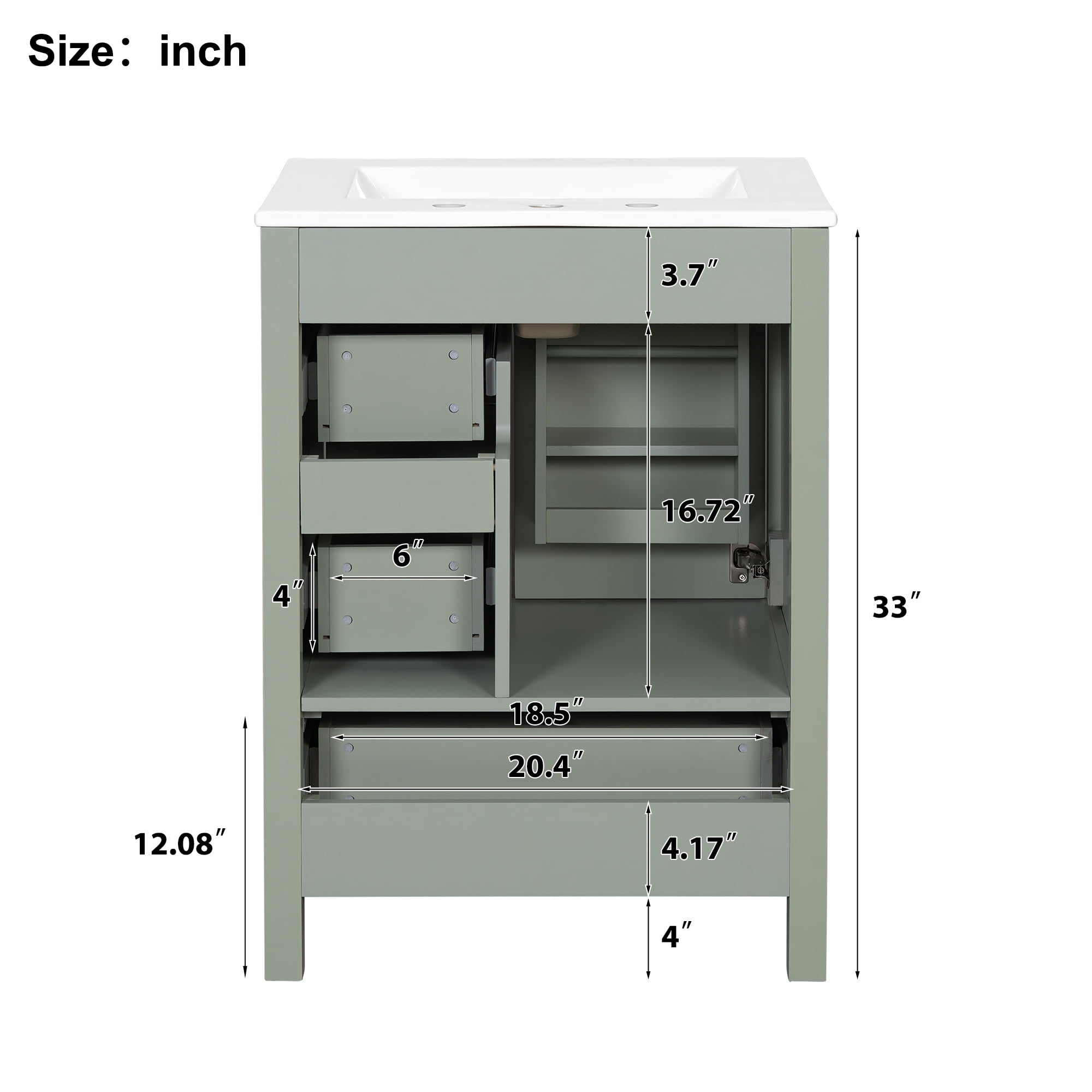 viswild 24" Bathroom Vanity with Ceramic Sink, Soft-Close Door, 3 Drawers & Double Door Shelves for Small Spaces, Green