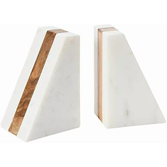 Marble Geometric Bookends with Wood Inlay, White Marble Geometric Bookends with Wood Inlay, White