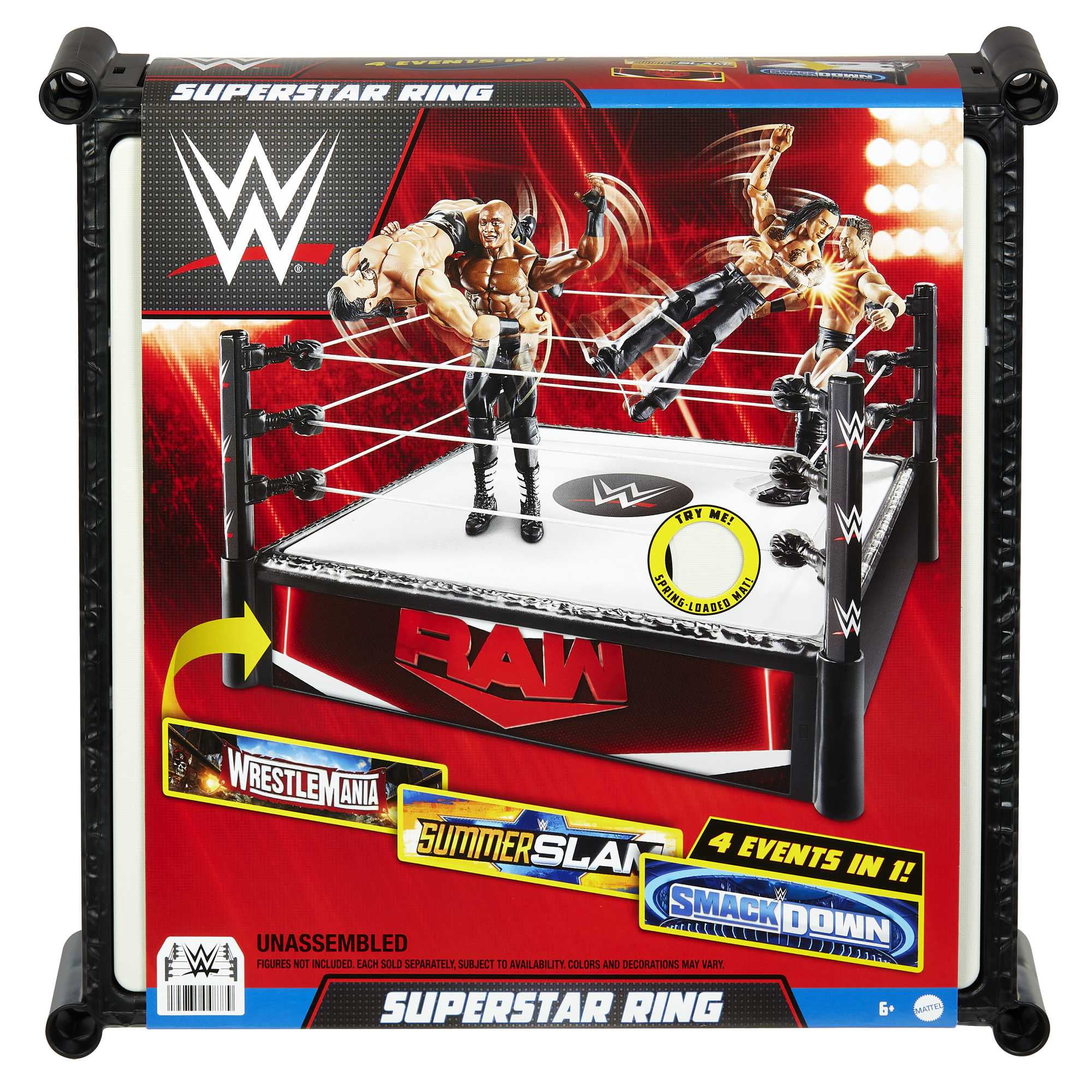 Mattel WWE Superstar Ring - Ring Del Wrestling Con Etichette RAW E Main Event, Tappeto Molleggiato E Corde Elastiche, Giocattolo Per Bambini 6+ Anni - 2