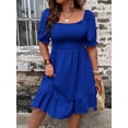 thumbnail image 3 of Royal Blue Square Neck Puff Sleeve Ruffle Hem A-Line Dress For Women, Summer Casual, 3 of 5