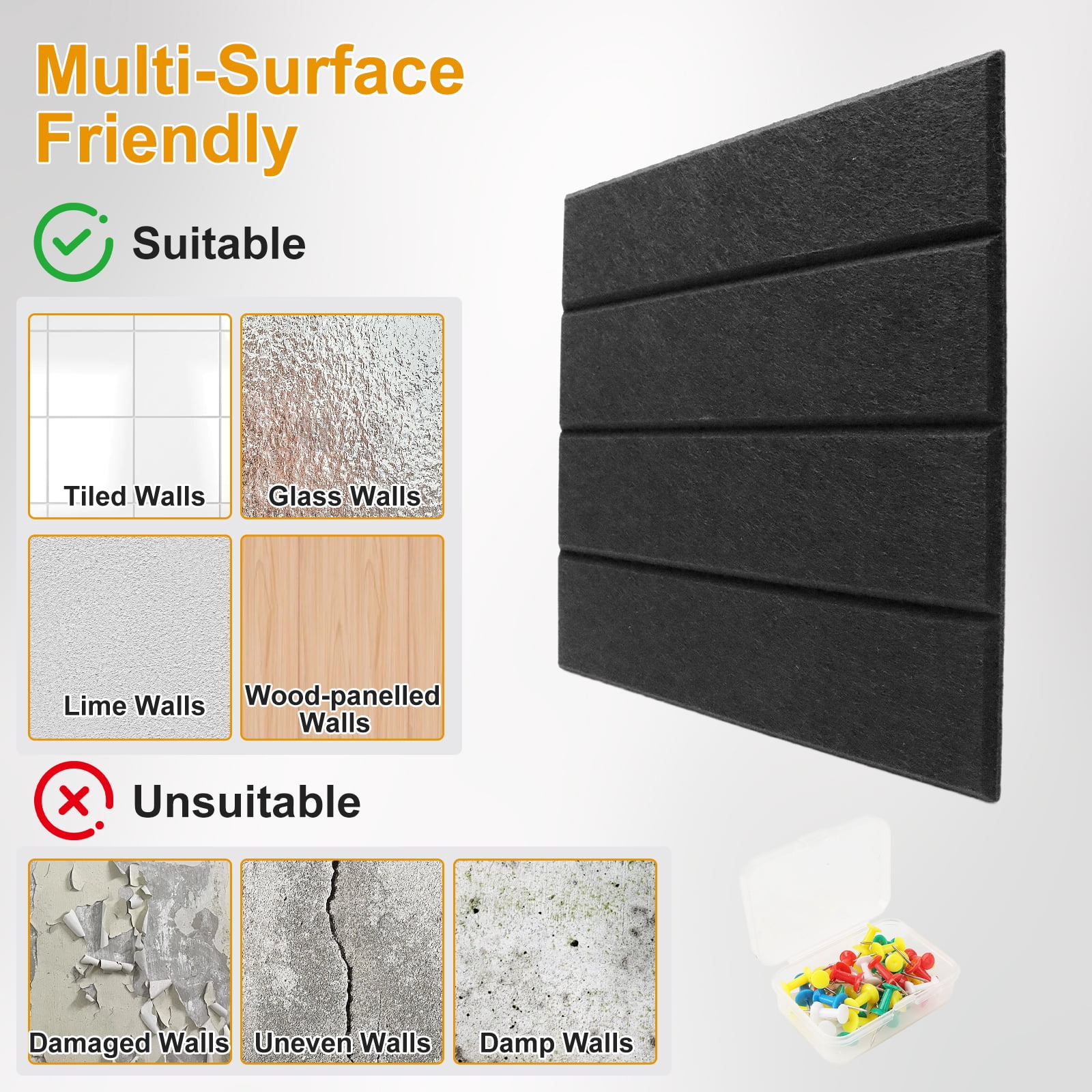 12-inch Cork Board, 12-Piece Self-Adhesive Felt Bulletin Board Tiles, Office & Home Decor Message Board, Sound-Absorbing Cork Panel Effectively Reduces Echo & Noise, Black