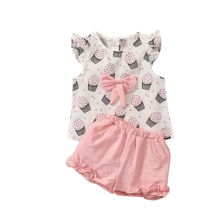 

Fesfesfes Toddler Kids Baby Girls Summer Popcorn Print Bow Top Pocket Shorts Clothes Suit