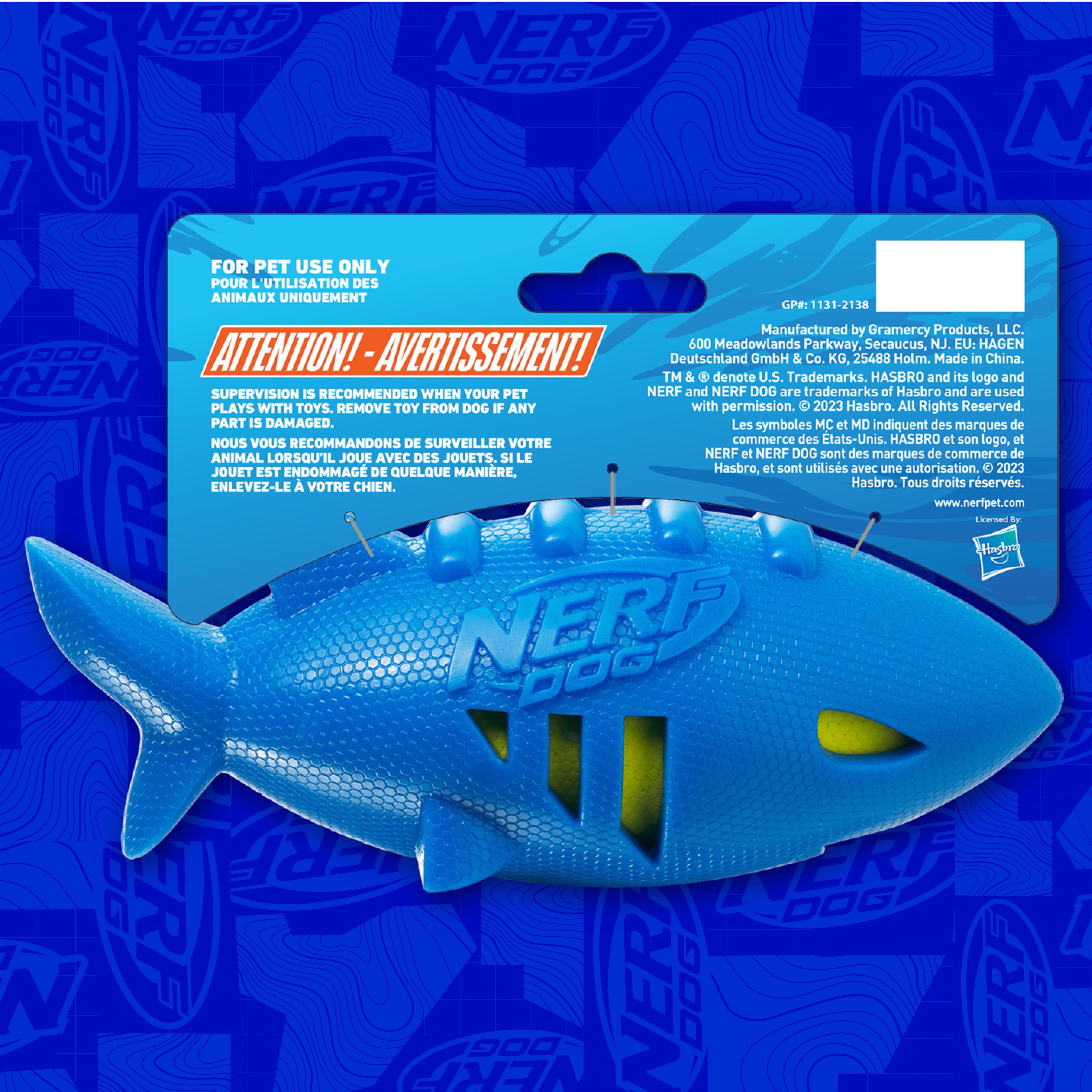 Nerf Dog Shark Football Dog Toy with Water-Soaking Squeak, Blue, 7 inch