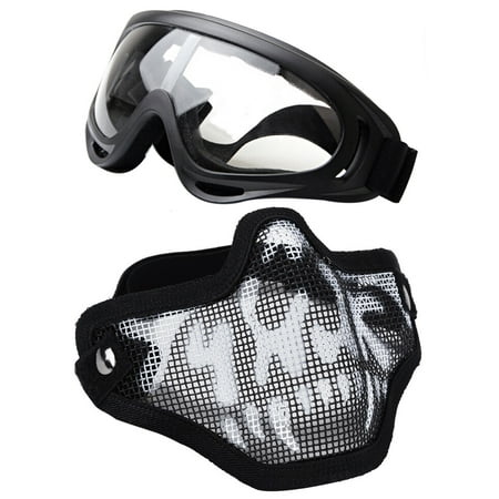 Black Steel Mesh Half Face Skull Mask with X400 UV Goggles Airsoft