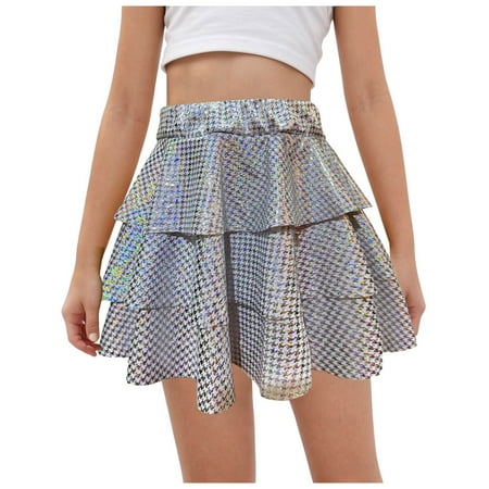 Pandaie Girls Sparkle Metallic Skirts Layers Ruffle Sequin Tutu Dance Skort High Waist Athletic Activewear for Kids Performance Silver 7-8T