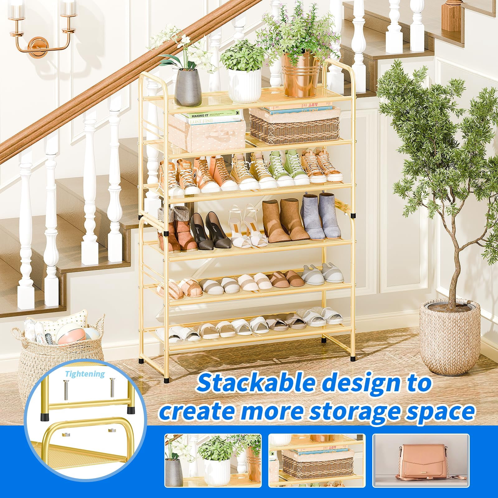 SUFAUY 3-Tier 33" Wide Shoes Rack Stackable, Metal Mesh, Gold