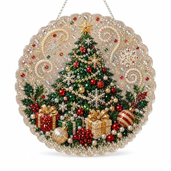 Christmas Tree Pearl Diamond Art Kit for Adults, DIY Pearl Painting Suncatcher with 3D Mixed-Size Beads, 8in Holiday Decor