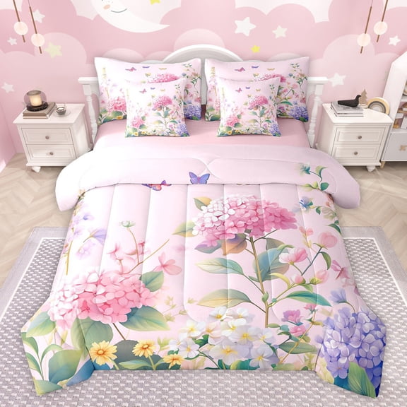Castle Fairy Teens Flying Butterflies Twin Bedding Sets 7-Piece,Spring Garden Flowers Bedding Comforter Set Microfiber,Dreamy Princess Floral Breathable Sheet Sets,Lightweight Room Decor,Reversible