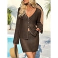 thumbnail image 6 of Womens Crochet 2 Piece Cover Up V Neck Bell Sleeve Button Cardigan Sheer Mesh Beach Mini Skirt Coverup Set, 6 of 6