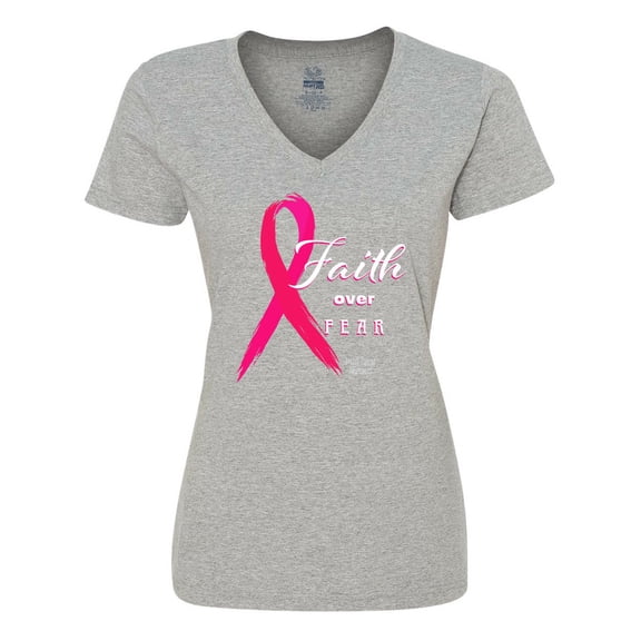 Inktastic Faith over Fear Breast Cancer Awareness with Pink Ribbon Women's V-Neck T-Shirt