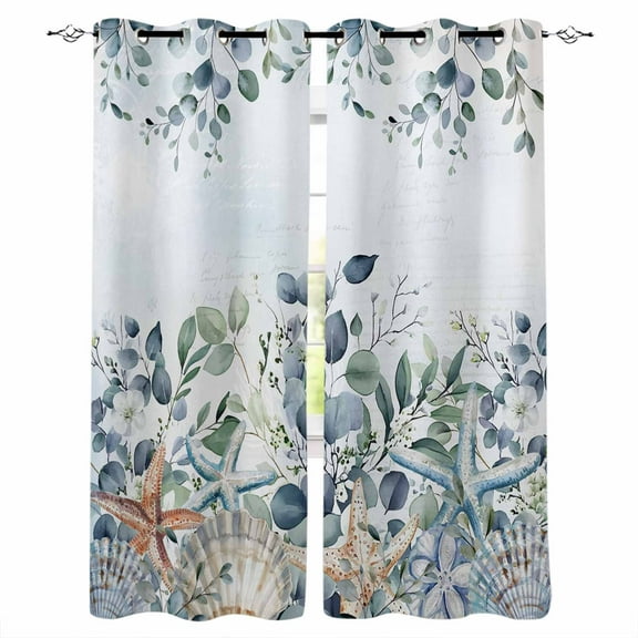 Fsddascl Teal Blue Eucalyptus Blackout Curtains for Bedroom/Living Room, Thermal Insulated Kitchen Curtains, Coastal Starfish Botanical Grommet Darkening Window Treatment Drapes 42"x54"x2