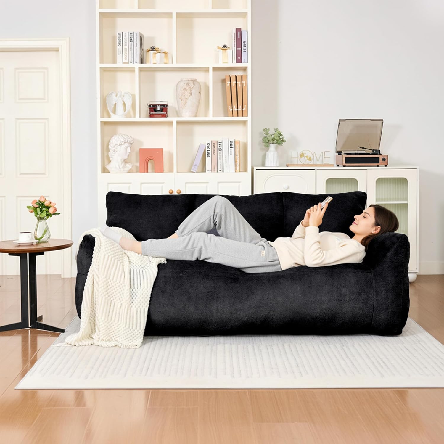 LinkRomat Faux Fur Loveseat, Oversized 2-Seater Sofa with High-Density Foam, for Living Room & Bedroom, No Assembly Required, Black