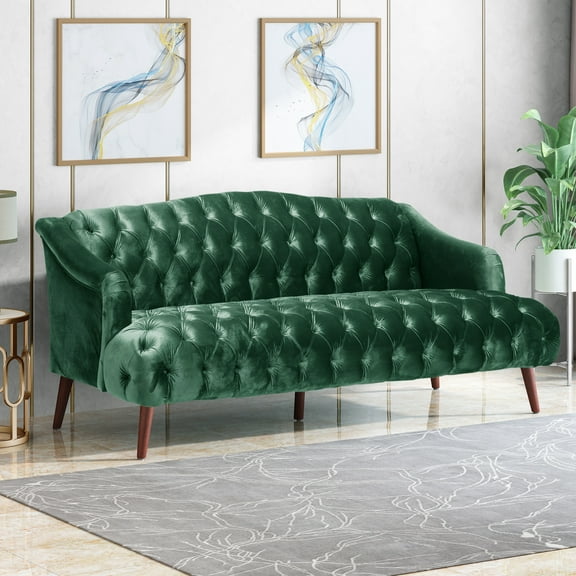 FFH 3-Seater Velvet Lounge Sofa with Tufted Backrest & Deep Seat Cushion, Comfy Upholstered Couch with Wood Legs, 73.25"*33.25"*32.5"