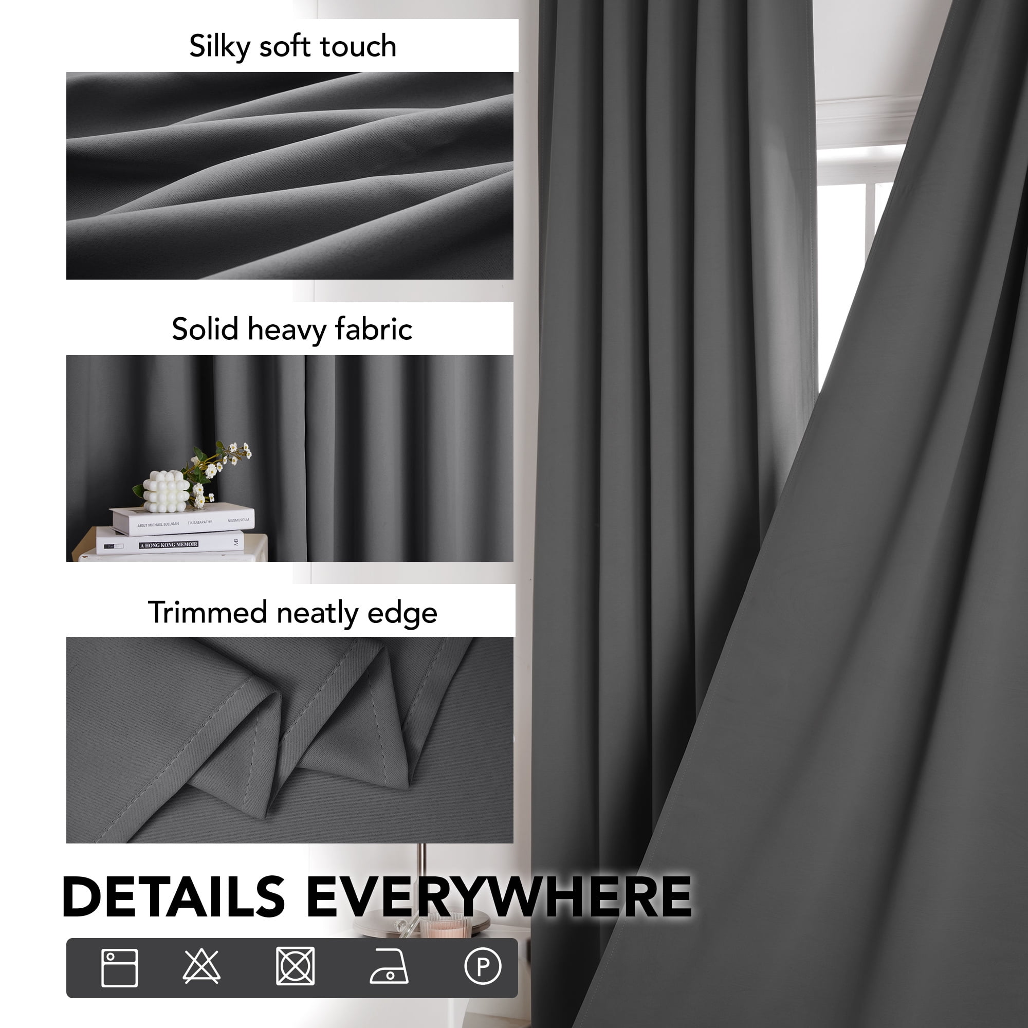 Deconovo Thermal Blackout Curtains with Back Tab for Living Room, Dark Gray, 2 Pieces, 38"x84"