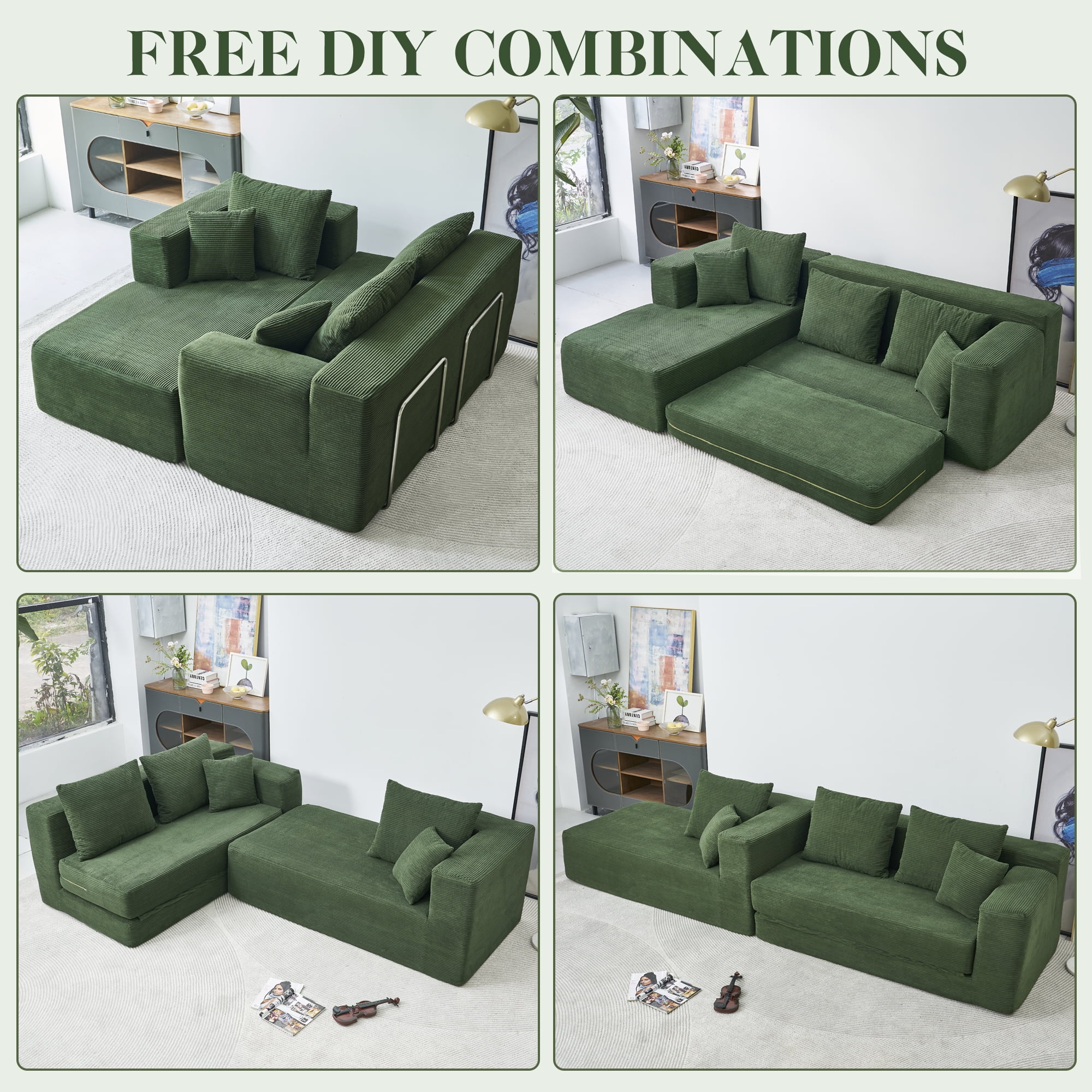106.5” Sectional Sofa, YINIX 3 Seater L-Shaped Sofa with Chaise for Living Room, Green