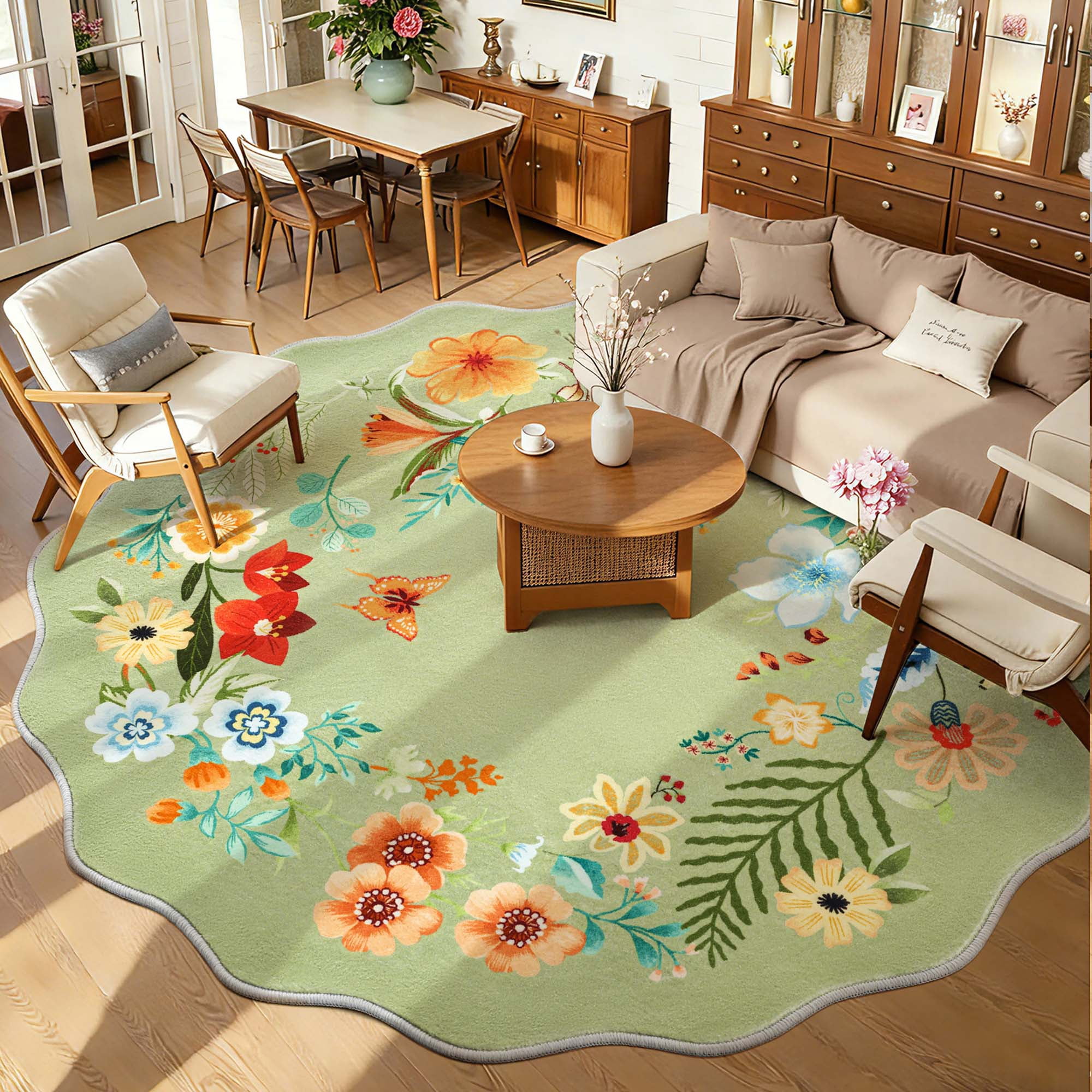 Carvapet Round 3' Floral Living Room Rugs, Ultra-Thin Soft Area Rugs for Bedroom, Non-Slip Washable Boho Rug Low-Pile Throw mat for ‎Dining Room Office, Green