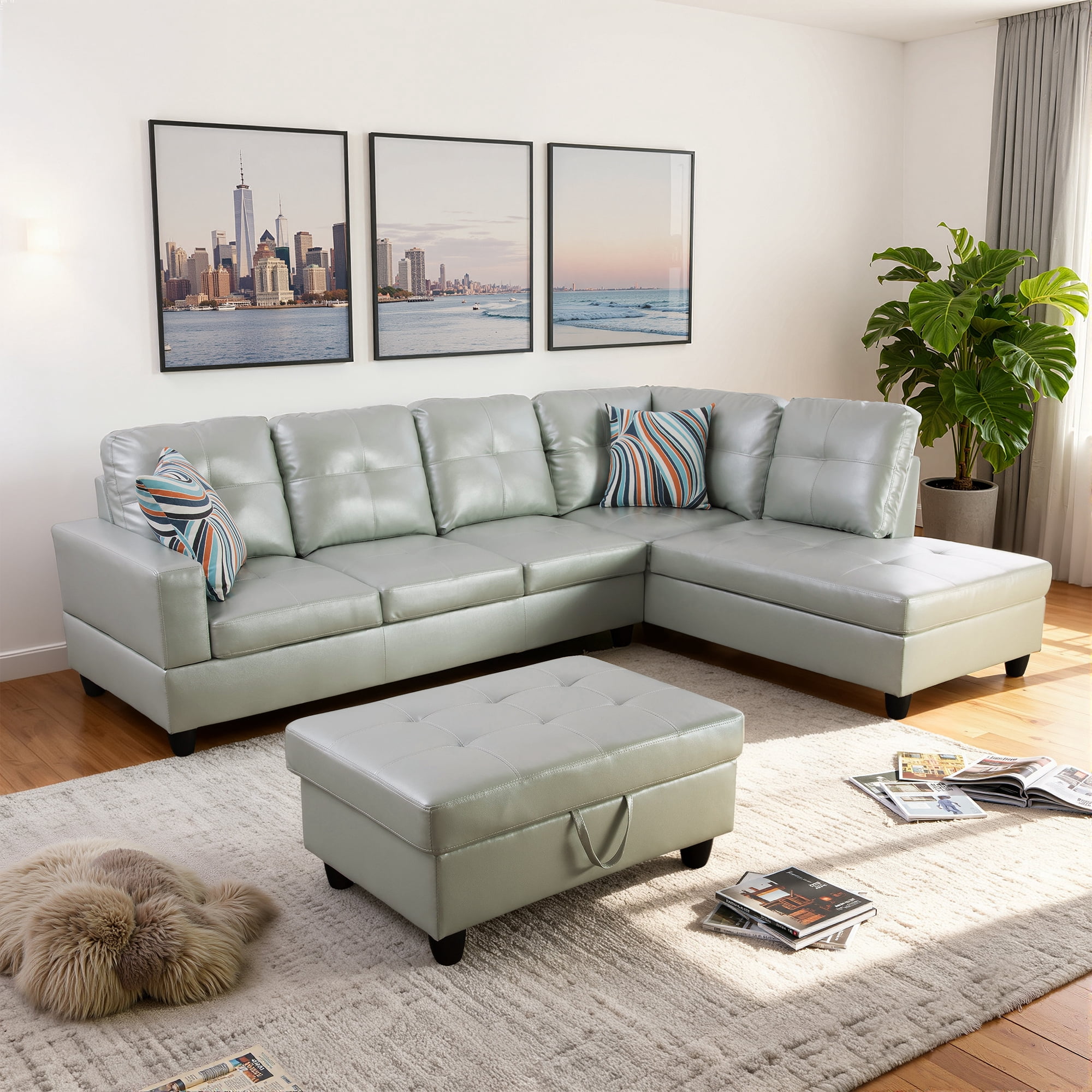 MAYEERTY PU Synthetic Leather 3-Piece Couch Living Room Sofa Set，Silver Green