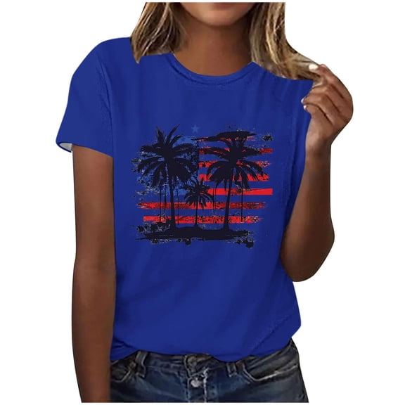 successthop Independence Day Clothes Women Flags USA Birthday T Shirt Casual Shirts Crewneck Short Sleeve Tops Blue XL
